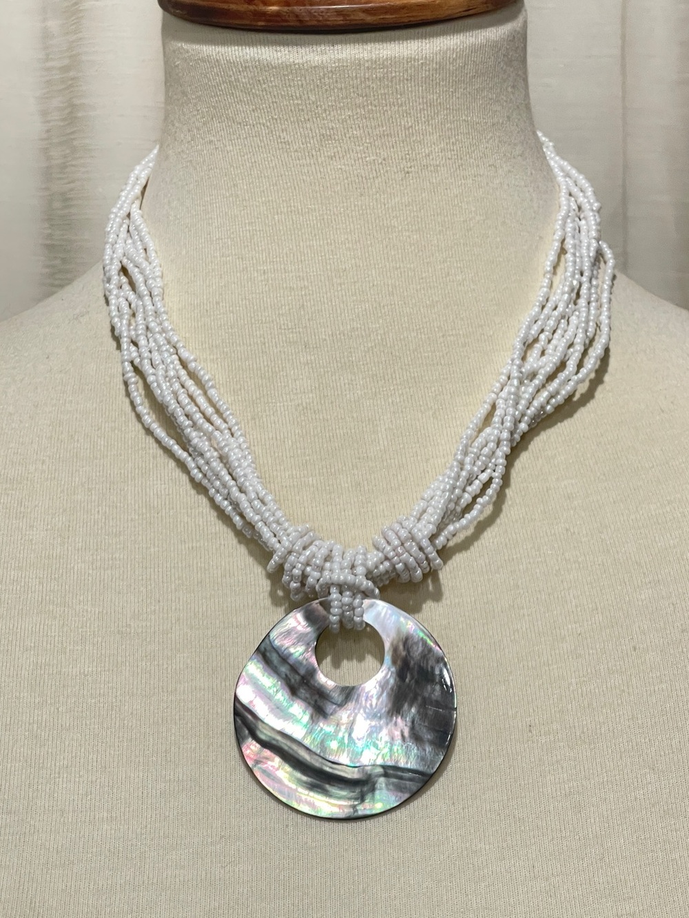 White Beaded Necklace with Iridescent Shell Pendant Y2K Sea Life